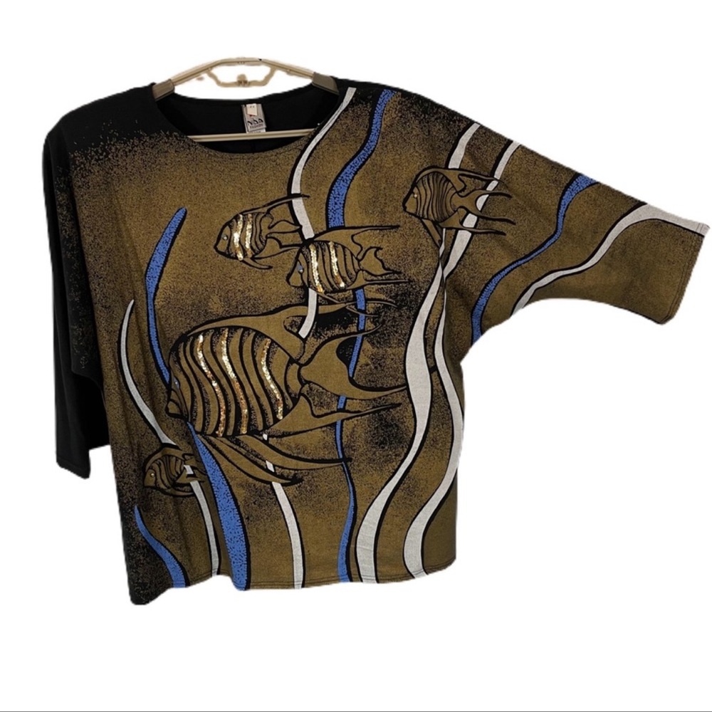 Vintage 80’s Sequin Embellished Batwing Top 2X Fish Gold Black - Picture 2 of 9